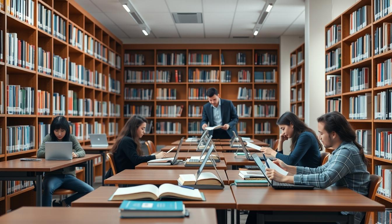 Students studying together in modern classroom